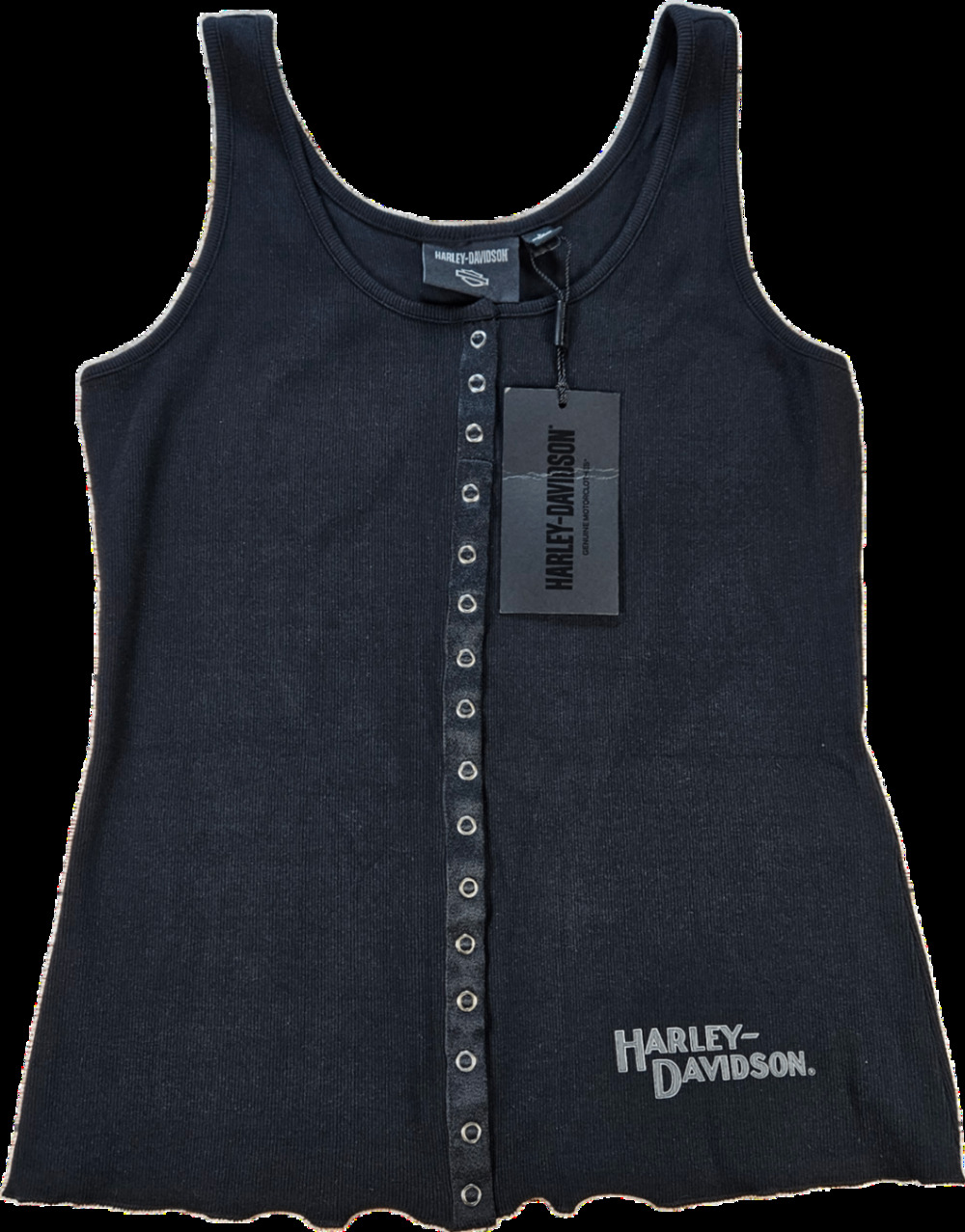NEW HARLEY-DAVIDSON Women's Black Tank Top Size L Ribbed Snap Button Scallop Hem